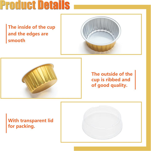 Aluminum Cups with Lids, 4.2oz 50Pcs Gold Disposable Cake Pans, Mini Cake Pans for Party, Wedding, Birthday