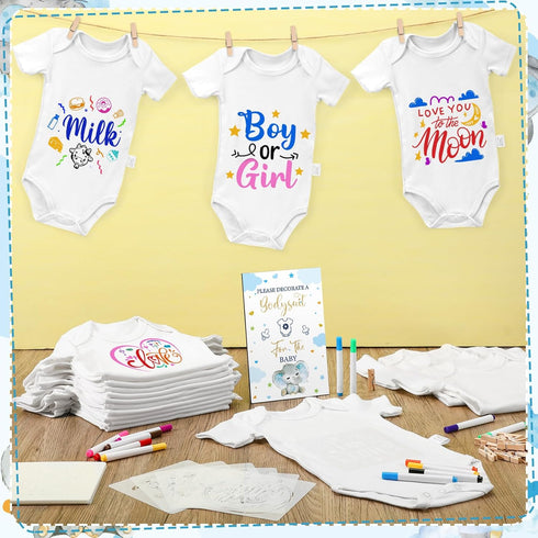 126 Set 25 25 24 1 50 Panitay Pcs Baby Shower DIY Bodysuit Bib Blank White Newborn Bodysuit Stencils Marker Sign