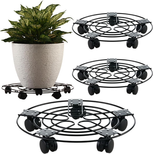 3 Packs 13.5" Metal Plant Caddy with Wheels Large Wrought Iron Metal
