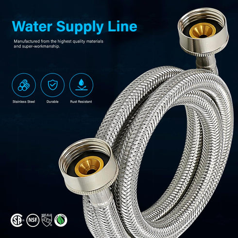 CNCT2578QS-2 Stainless Steel Hose Connector, Burst Proof, Hot and Cold Water, Washing Machine Supply Line, 8 FT (2 Pack)
