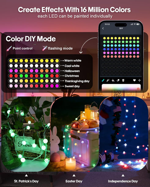 33ft Super RGB Color Changing Globe String Lights, Smart Fairy String Lights with APP Control, Mini Ball LED Twinkle