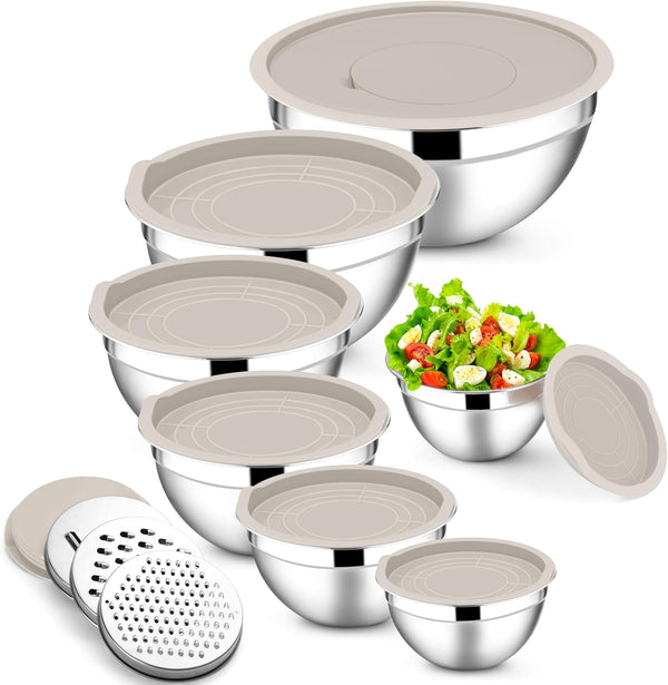 E-far Mixing Bowls with Lids Set, 7-Piece Stainless Steel Mixing Bowls with 3 Grater Attachments for Baking