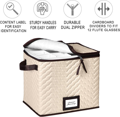 Wine Glass Storage Box with Dividers - Holds 12 Champagne Flute Glasses up to 10" Tall - Stemware Storage Case - Protects Fine China - Durable Quilted Microfiber Bin with Carry Handles by HOLDN STORAGE