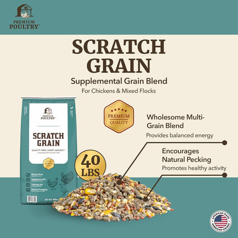 40 Scratch Grain for Adult Chickens, Ducks, and Turkeys, Vegetarian Mix of Three Grains, Training Aid & Natural