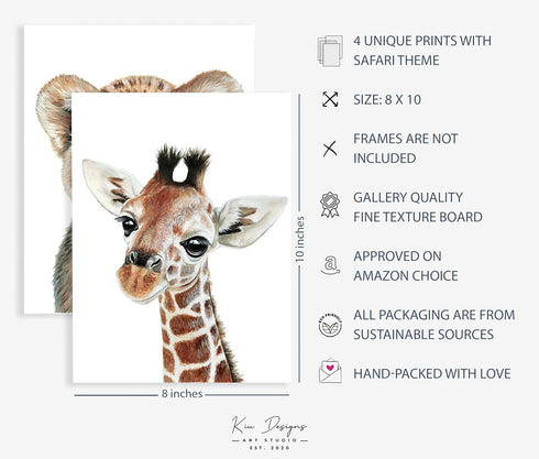 Set 4 8"x10" KIU DESIGNS Nursery Wall Art - Unframed Safari Nursery Decor - of Animal Wall Decor Gift for Baby - Safari