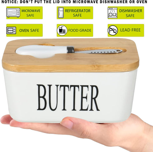 Large Butter Dish with Lid for Countertop Ceramic Butter Container with Knife Holder Spreader Double Silicone Seals Butte Keeper Rectangle White