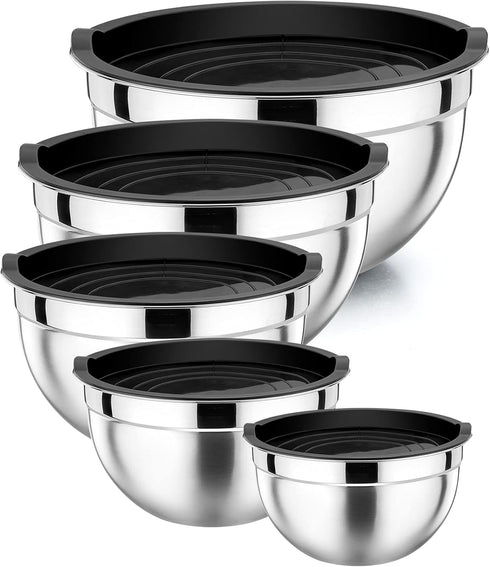 P&P CHEF Set of 5 Stainless Steel Mixing Bowls with Black Lids, Nesting Salad Mix Bowl for Mixing, 4.6, 3, 1.5, 1, 0.7