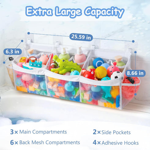3 Criusia Extra Large Bath Toy Organizer with Compartments and Multiple Pockets, Quick-Dry Mesh Bathtub Storage