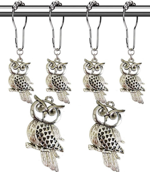 Country Shower Curtain Hooks Set of 12 - Rust Proof Brushed Nickel Rings with Owl Pendant Accessories