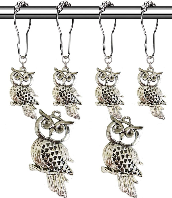 Country Shower Curtain Hooks Set of 12 - Rust Proof Brushed Nickel Rings with Owl Pendant Accessories
