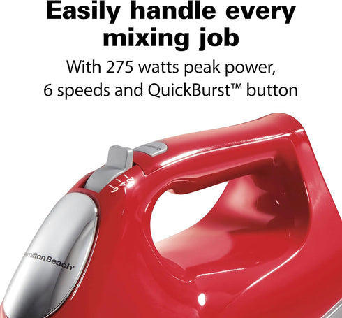 Hamilton Beach 6-Speed Electric Hand Mixer with Whisk, Traditional Beaters, Dough Hooks, Snap-On Storage Case, 275 Watts, Red by Hamilton Beach