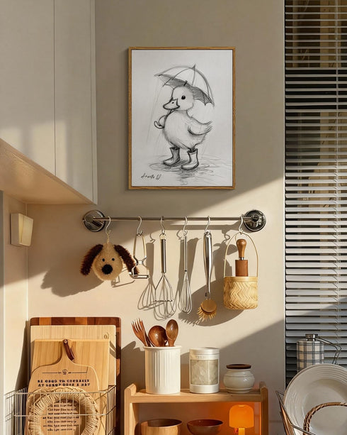 12x16 Inch, Framed Duck Canvas Wall Art Cute Baby Duck Sketch Illustration with Umbrella Print, Minimalist Black