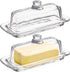 Hedume Set of 2 Glass Butter Dish with Handled Lid, Classic Clear