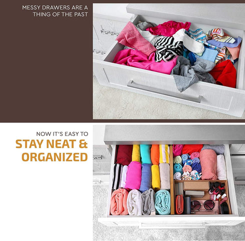 Large Bamboo Drawer Organizer - Expandable Kitchen Drawer Dividers (17" - 21.5") - 6 Pack Adjustable Separators