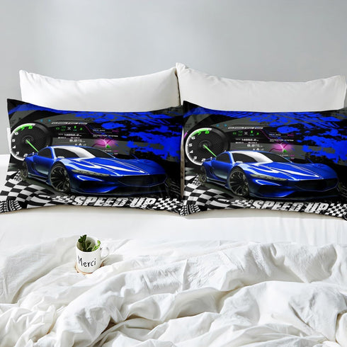 Set Set 1 Feelyou Kids Boys Girls Blue Race Car Bedding Twin, Sports Car Bed Sheet With Fitted Sheet, Buffalo Plaid