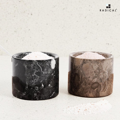 3" Inch Set 2 Countertop Radicaln Marble Salt Cellar with Lid and Tray Oceanic & Black Handmade of Seasoning Jars