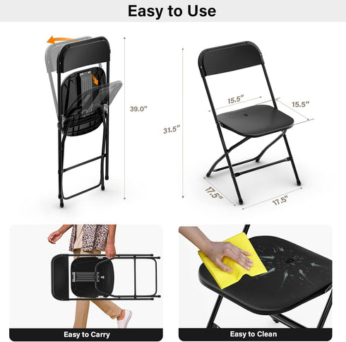 Set 1, Commercial 350 lb (1, VINGLI Black Plastic Folding Chairs, of Heavy-Duty Seats with Steel Frame, Capacity