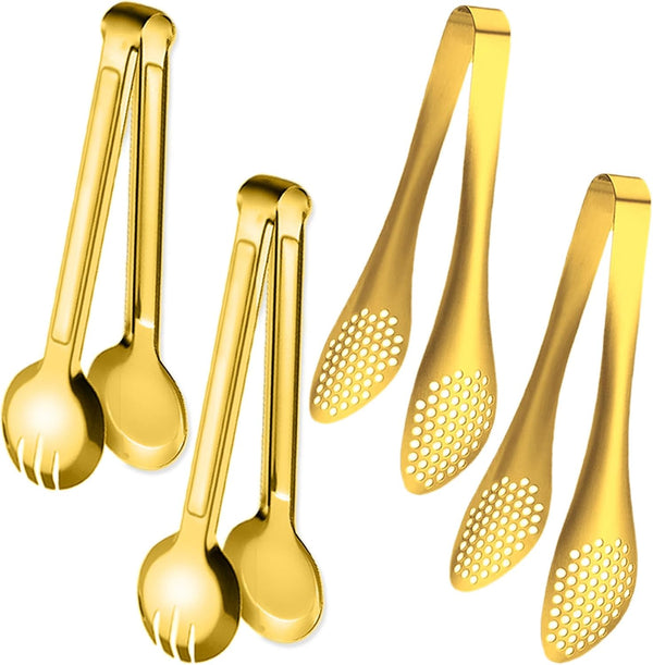 4 PCS Stainless Steel Serving Tongs, 9 Inch Buffet Utensils for Salad, Appetizer, Dessert, Gold