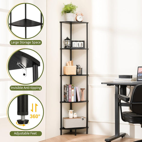 Yoobure 5-Tier Corner Shelf Stand, Tall Corner Bookshelf for Bedroom, Living Room, Narrow Display Shelf