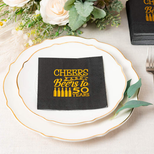 Crisky Cheers to 50 Years - 50th Birthday Napkins, Black and Gold, 50 PCS, 3-Ply
