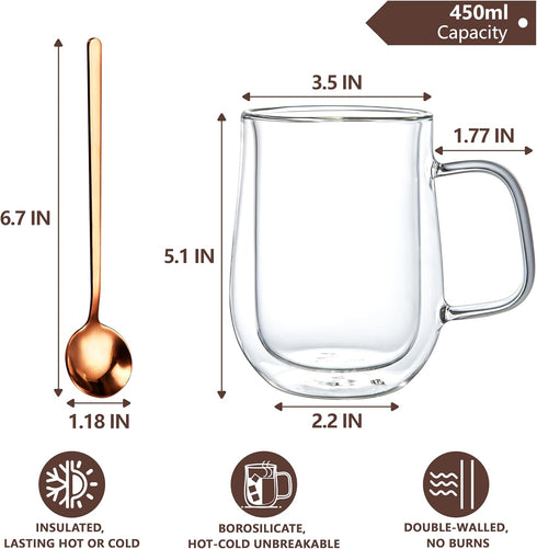 16 OZ, Set 2 Double Walled Glass Coffee Mugs Borosilicate Glass Coffee Cups of with Spoons, Insulated Clear Coffee Mug
