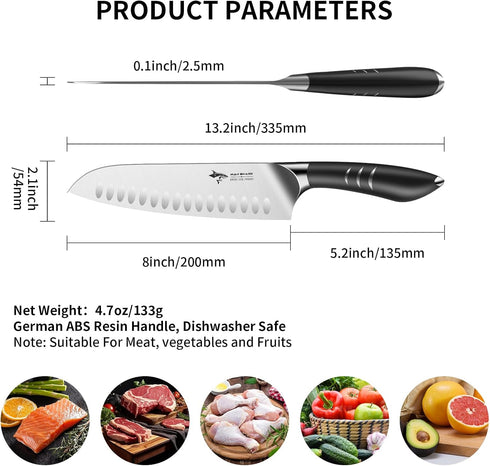 MAD SHARK Premium Santoku Knife - 8 Inch Professional Kitchen Knife, German Stainless Steel, Black