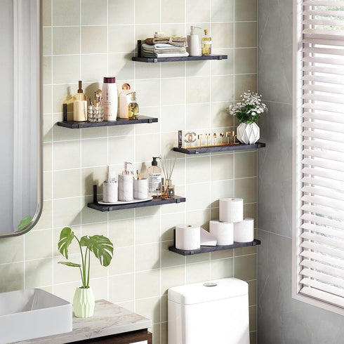 4.7 Inches (Set 5 Fixwal Wall Shelves, Width Black Floating Shelves for Wall, Rustic Wood Wall Storage Shelves