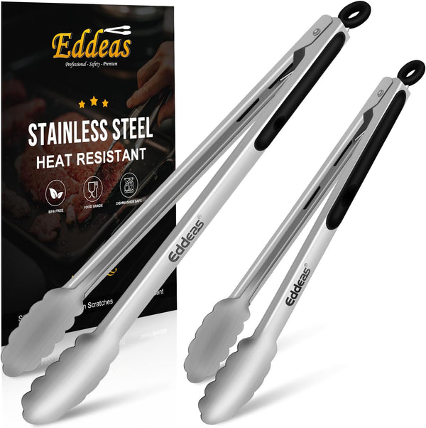 Set of 2 Grill Tongs, 12" and 17 Inch Extra Long BBQ Tongs, Heat Resistant 600 Degrees Stainless Steel for Cooking