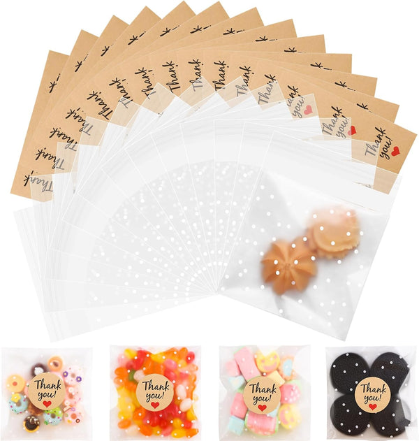 SUREHOME 200 Pcs Cookie Bags with Seal, Clear Self Sealing Cellophane Bags with Thank You Stickers