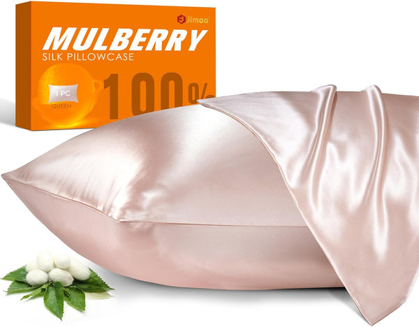 100% Mulberry Silk Pillowcase for Hair and Skin, 22 Momme Pure Natural Silk Pillow Case with Zipper, Light Pink, Queen