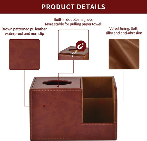 PU Leather Square Tissue Box Cover, Multifunctional Holder for Tissue and Remote Control, Decorative Desk Organizer,