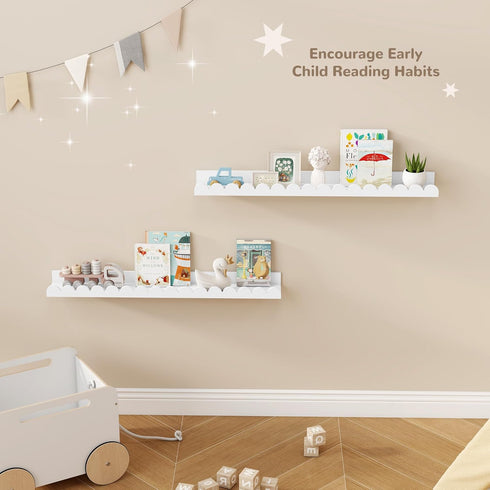 32 Inch Set 2, Fun Memories White Floating Shelf, Scalloped Picture Ledge for Nursery, of Wall Mounted Book Shelves