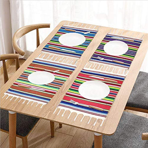 Mexican Serape Placemats - Set of 6 Handwoven Fringe Cotton Table Place Mats for Party Decor, 13 x 19 Inch