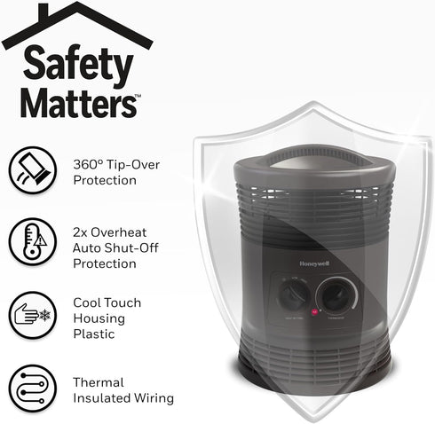 Honeywell HHF360V Portable Heater, Charcoal Grey, 360 Degree Surround Fan Forced, Adjustable Thermostat, 2 Heat Settings