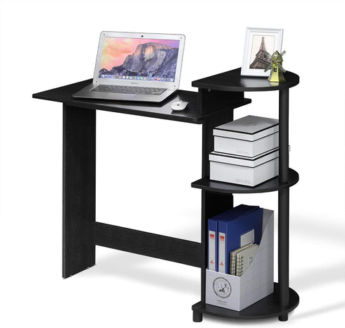 Furinno Compact Computer Desk with Shelves, Round Side, Americano/Black Finish