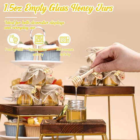 Funnymoom 50 Set 1.5 oz Mini Honey Jars Party Favors in Bulk Hexagon Glass Honey Jar with Dipper Bee Charms Thank You