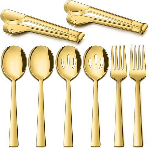 LIANYU Gold Serving Utensils Set of 8, Stainless Steel Serving Spoons, Slotted Spoons, Serving Forks, Metal Tongs for