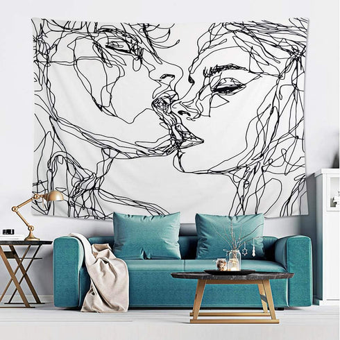 Ruibo Kissing Couple Abstract Sketch Art Wall Hanging Tapestry, Beach Throw, 59" x 51"