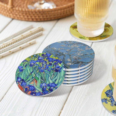 6 Set Van Gogh Drink Coasters with Holder - Ceramic Coaster for Drinks Absorbent with Cork Base and Golden Holder