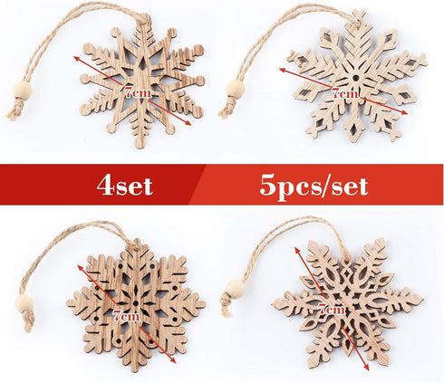 ilauke 20 pcs Unfinished Christmas Wood Snowflake Ornaments - 4 Styles Bulk with Twine for Tree Decorations