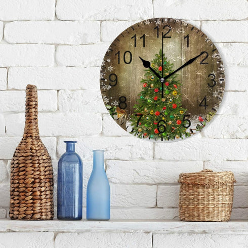 Wamika Christmas Tree Wall Clock, Silent Non Ticking Round Decorative Clock, 10 Inch Battery Operated