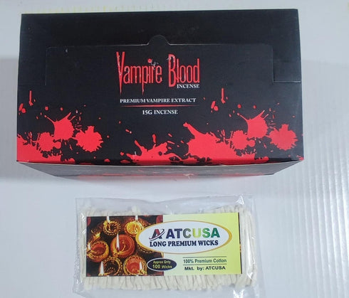 ATCUSA 12x 15g Nandita Vampire Incense Sticks + 100 Premium Cotton Wicks for Diya - Combo Offer