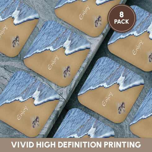3dRose Set of 8 Soft Coasters - Print of Beach Shore with Enjoy and Flip Flops (CST_214442_2)