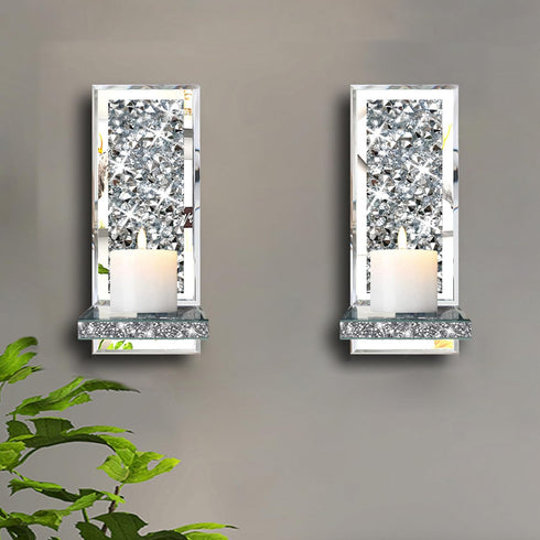 Set 2 1A ZOLAPI of Crystal Crush Diamond Candle Sconces, Gorgeous Silver Mirrored Wall Sconce, Candle Holder Glass Wall