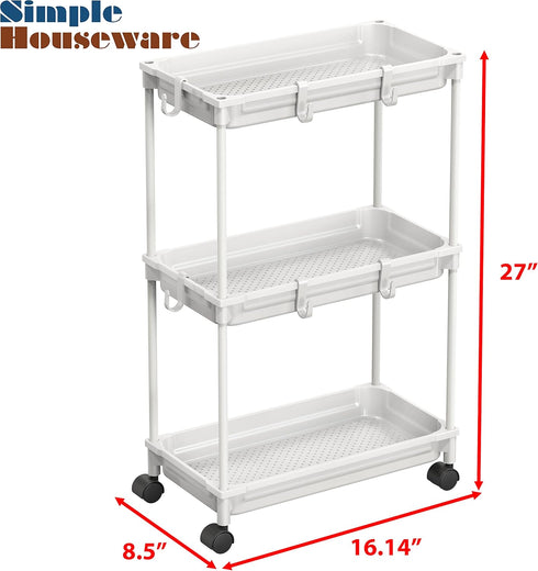 SimpleHouseware Standard Slim 3-Tier Rolling Storage Cart, White