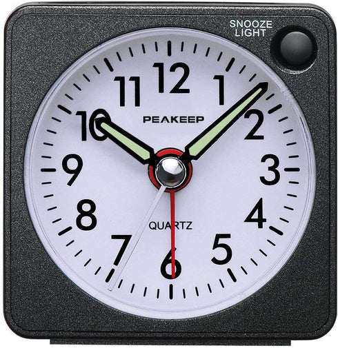Peakeep Ultra Small Battery Travel Alarm Clock with Snooze and Light, Silent Analog Quartz (Black)