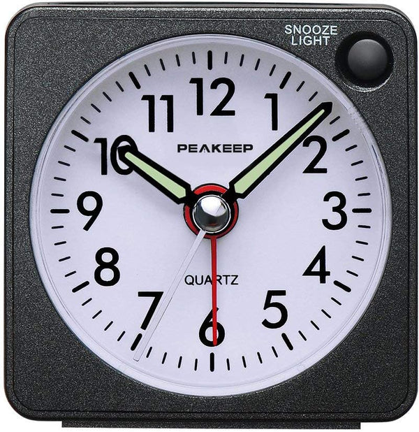 Peakeep Ultra Small Battery Travel Alarm Clock with Snooze and Light, Silent Analog Quartz (Black)
