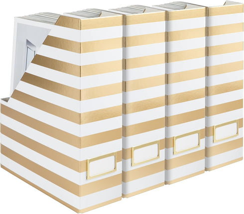 BLU MONACO Set of 4 Gold and White Striped Magazine File Boxes - Ideal Organizer for Desk Accessories and Office
