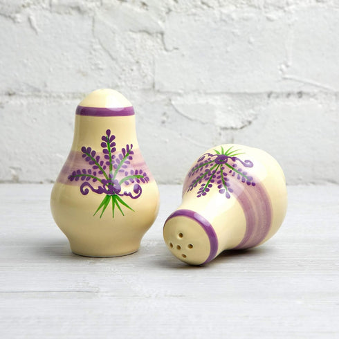 City to Cottage Ceramic Salt and Pepper Shakers Set, Handcrafted Cream Lavender Floral Spice Shakers for Farmhouse
