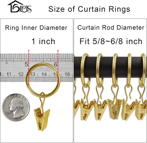 44 Pack Curtain Rings with Clips, 1 Inch Interior Diameter, Gold Curtain Clip Rings Hooks for Drapery Bows, Fits up to